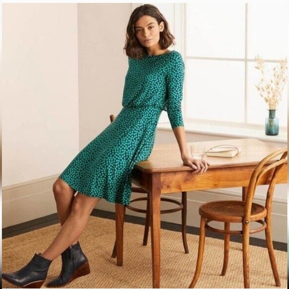 Boden Nellie Long Sleeve Jersey Dress Green Navy Bubbles  12